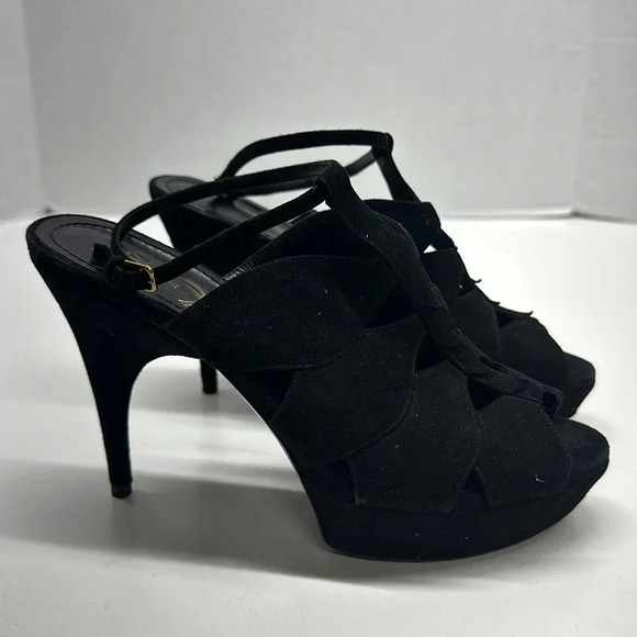 Yves Saint Laurent YSL High Heels Shoes Open Toe T-Strap Suede Black Size 37 / 7 - Picture 4 of 11